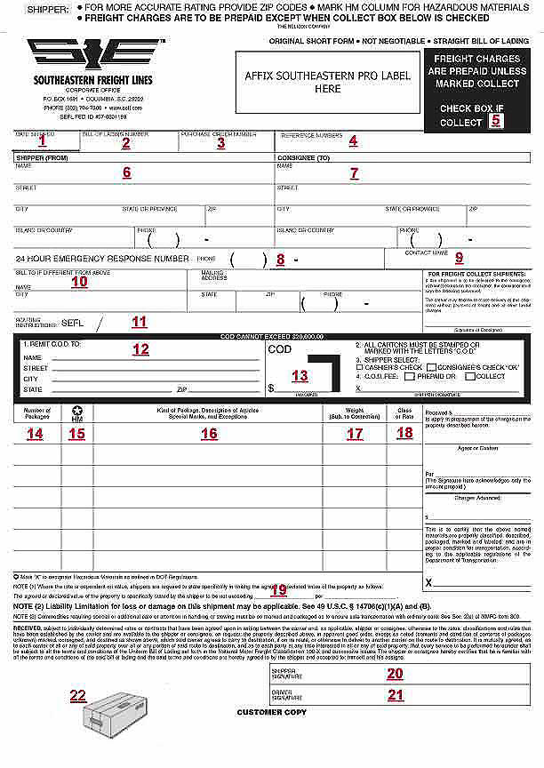 What is some information found on a bill of landing form?